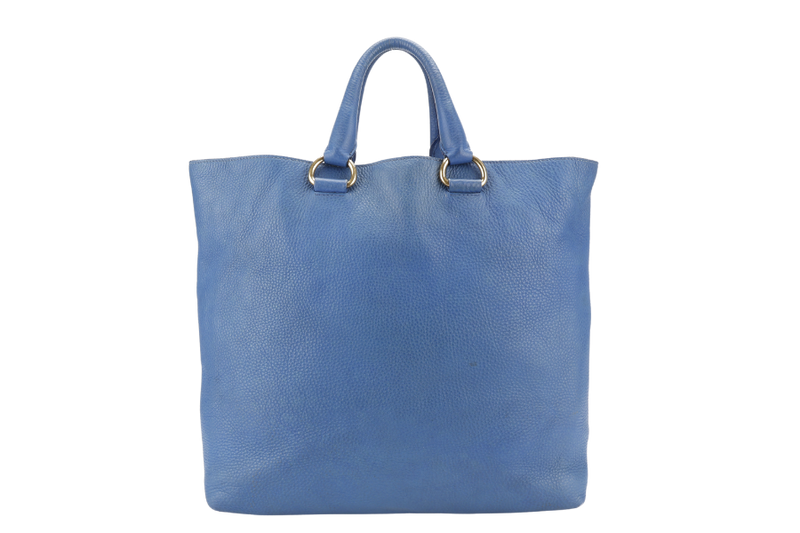 PRADA BLUE VITELLO DAINO LEATHER TOTE GOLD HARDWARE WITH STRAPS, CARD AND DUST COVER