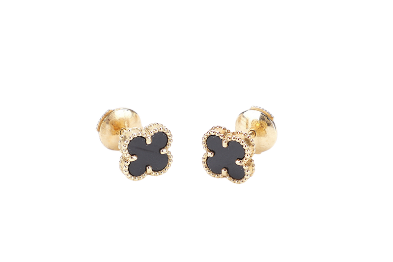VAN CLEEF & ARPELS SWEET ALHAMBRA BLACK ONYX EARRINGS 18K YELLOW GOLD 2.6G 187109 WITH POUCH