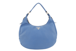 PRADA ZIP TOP HOBO VITELLO DAINO BAG LARGE BLUE LEATHER GOLD HARDWARE NO DUST COVER