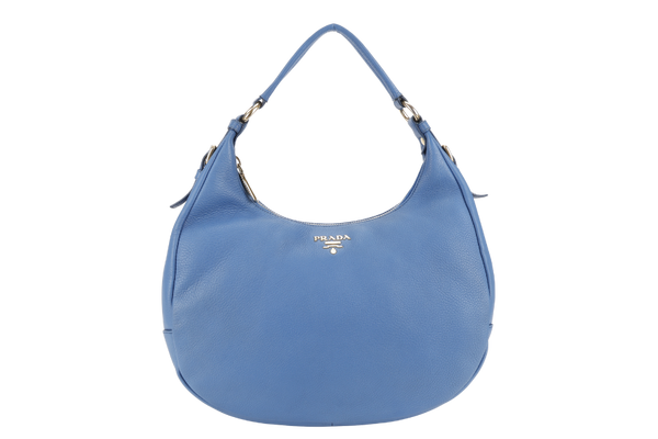 PRADA ZIP TOP HOBO VITELLO DAINO BAG LARGE BLUE LEATHER GOLD HARDWARE NO DUST COVER