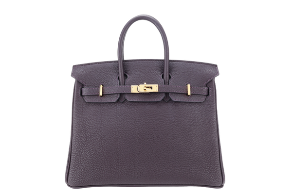 HERMES BIRKIN 25 STAMP T (YEAR 2015) RAISIN COLOR TOGO LEATHER GOLD HARDWARE WITH KEYS, LOCK AND DUST COVER