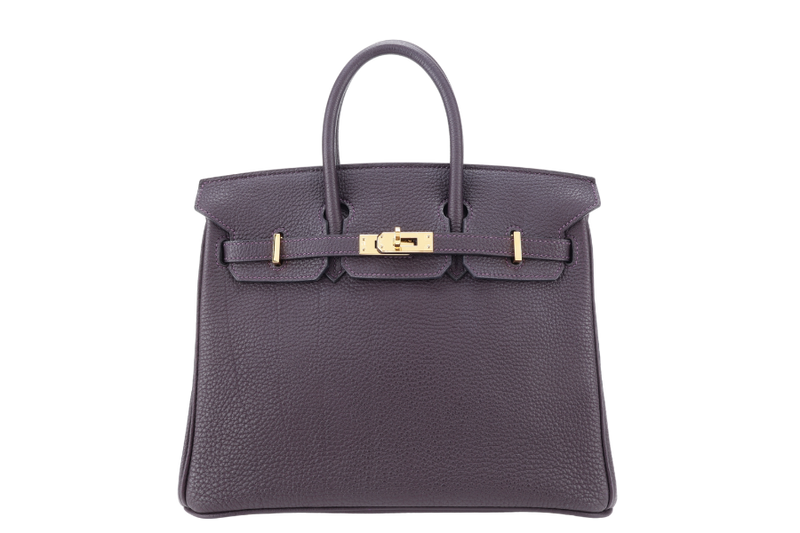 HERMES BIRKIN 25 STAMP T (YEAR 2015) RAISIN COLOR TOGO LEATHER GOLD HARDWARE WITH KEYS, LOCK AND DUST COVER