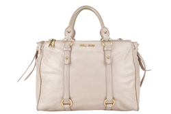 MIU MIU VITELLO LUX LARGE BEIGE BOWLER BAG GOLD HARDWARE WITH LEATHER STRAPS AND DUST COVER