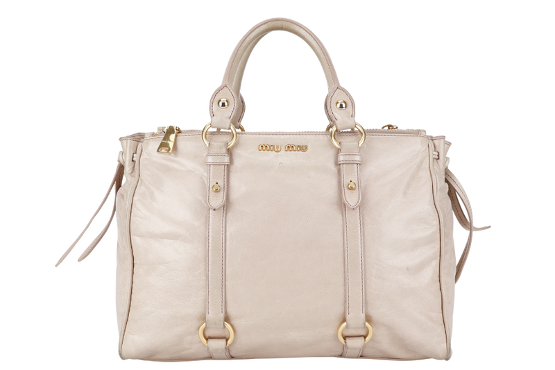 MIU MIU VITELLO LUX LARGE BEIGE BOWLER BAG GOLD HARDWARE WITH LEATHER STRAPS AND DUST COVER