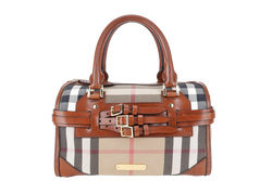 BURBERRY HOUSE CHECK BRIDLE BOWLING BAG BROWN CANVAS AND LEATHER GOLD HARDWARE WITH DUST COVER
