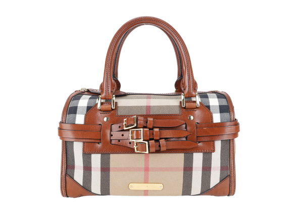 BURBERRY HOUSE CHECK BRIDLE BOWLING BAG BROWN CANVAS AND LEATHER GOLD HARDWARE WITH DUST COVER