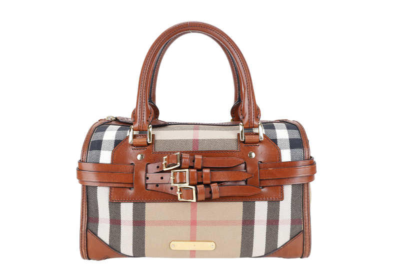 BURBERRY HOUSE CHECK BRIDLE BOWLING BAG BROWN CANVAS AND LEATHER GOLD HARDWARE WITH DUST COVER