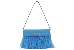 HERMES KELLY ELAN FOLIE'S STAMP B (YEAR 2023) BLUE FRIDA CHEVRE x FEATHERS SILVER HARDWARE WITH DUST COVER