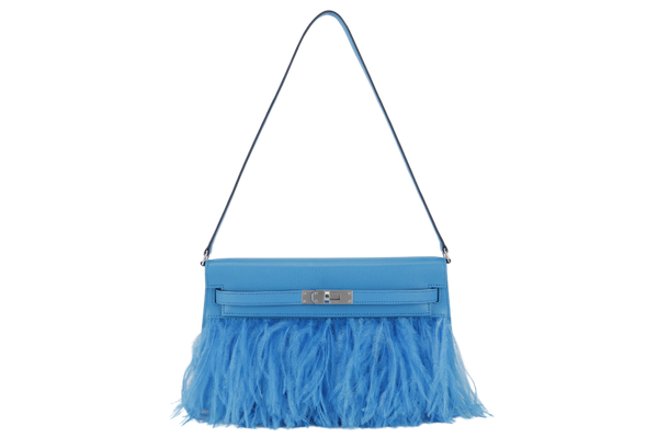 HERMES KELLY ELAN FOLIE'S STAMP B (YEAR 2023) BLUE FRIDA CHEVRE x FEATHERS SILVER HARDWARE WITH DUST COVER