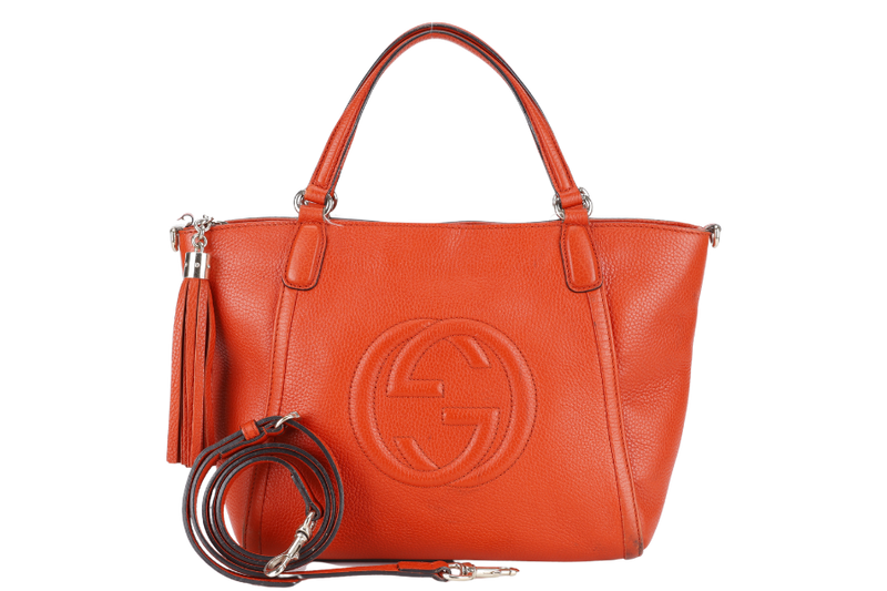 GUCCI SOHO TOP HANDLE BAG SUN ORANGE CALF LEATHER SILVER HARDWARE WITH LONG STRAPS NO DUST COVER