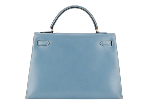 HERMES KELLY 32 STAMP A (YEAR 1997) BLUE JEAN BOX LEATHER GOLD HARDWARE WITH DUST COVER, STRAP , KEYS AND LOCK