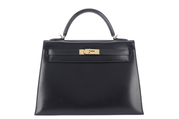 HERMES KELLY 32 STAMP O (YEAR 2011) SELLIER BLACK BOX LEATHER GOLD HARDWARE WITH STRAPS, LOCK&KEYS AND DUST COVER