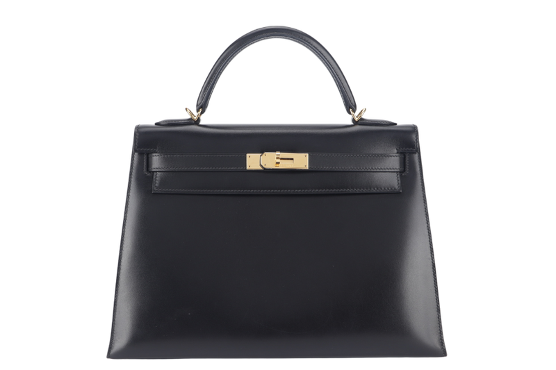 HERMES KELLY 32 STAMP O (YEAR 2011) SELLIER BLACK BOX LEATHER GOLD HARDWARE WITH STRAPS, LOCK&KEYS AND DUST COVER