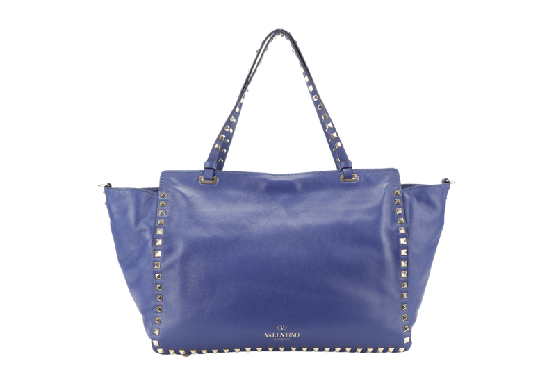 VALENTINO VITELLO SMALL ROCKSTUD BLUE LEATHER TOTE BAG WITH GOLD HARDWARE WITH STRAPS AND DUST COVER