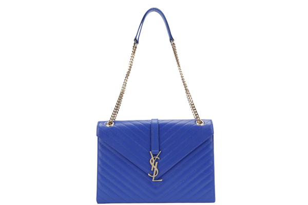 YVES SAINT LAURENT (YSL) LARGE ENVELOPE SHOULDER BAG BLUE GRAIN DE POUDRE LEATHER GOLD HARDWARE