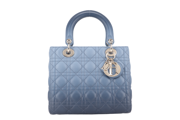CHRISTIAN DIOR LADY DIOR MEDIUM BLUE GRADIENT SILVER HARDWARE WITH CARD, STRAPS AND DUST COVER