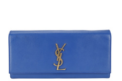 YVES SAINT LAURENT (YSL) RECTANGLE CLUTCH BLUE LEATHER GOLD HARDWARE WITH DUST COVER