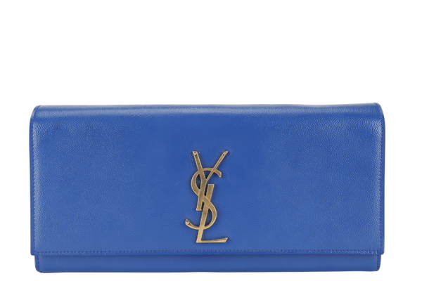 YVES SAINT LAURENT (YSL) RECTANGLE CLUTCH BLUE LEATHER GOLD HARDWARE WITH DUST COVER