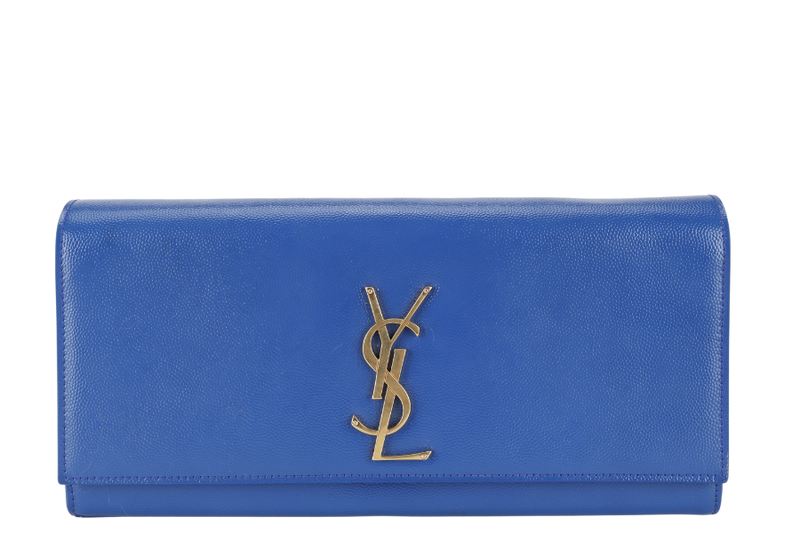 YVES SAINT LAURENT (YSL) RECTANGLE CLUTCH BLUE LEATHER GOLD HARDWARE WITH DUST COVER