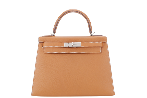 HERMES KELLY 28 SELLIER GOLD EPSOM SILVER HARDWARE STAMP D (2019) WITH KEYS&LOCK, STRAPS. RAINCOAT, DUST COVER AND BOX