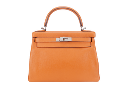HERMES KELLY 28 RETOURNE ORANGE CLEMENCE LEATHER SILVER HARDWARE STAMP X (YEAR 2016) WITH LONG STRAP, LOCK&KEYS , DUST COVER, RAINCOAT AND BOX