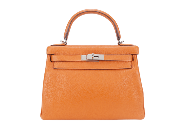 HERMES KELLY 28 RETOURNE ORANGE CLEMENCE LEATHER SILVER HARDWARE STAMP X (YEAR 2016) WITH LONG STRAP, LOCK&KEYS , DUST COVER, RAINCOAT AND BOX