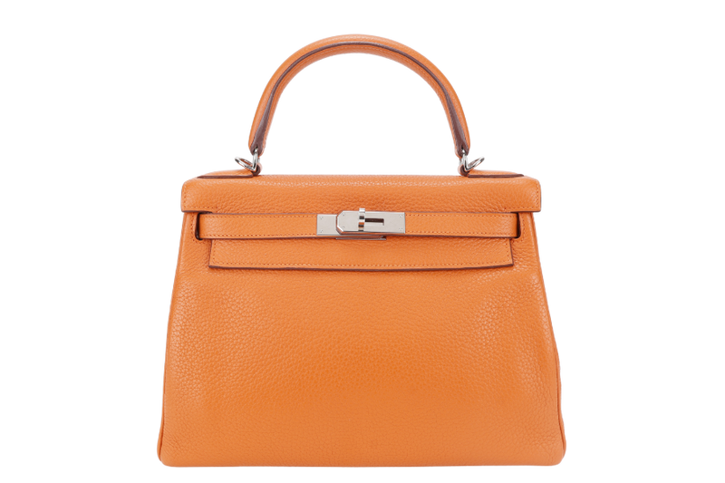 HERMES KELLY 28 RETOURNE ORANGE CLEMENCE LEATHER SILVER HARDWARE STAMP X (YEAR 2016) WITH LONG STRAP, LOCK&KEYS , DUST COVER, RAINCOAT AND BOX