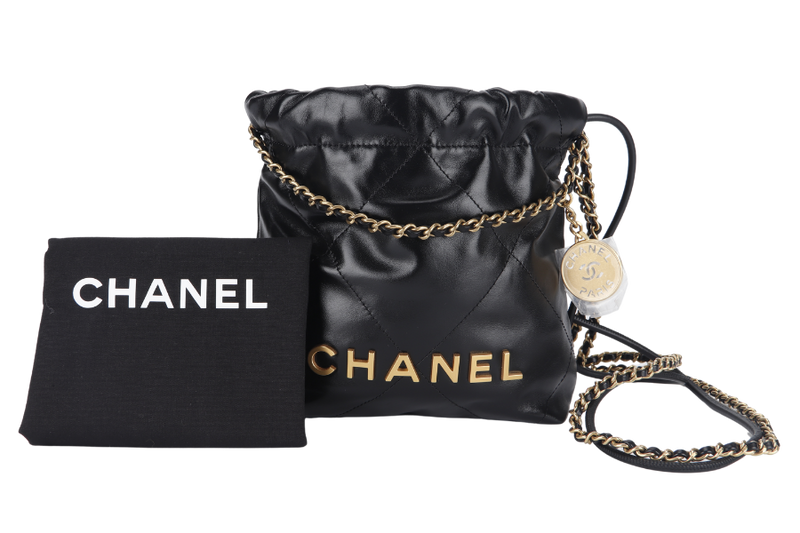 CHANEL 22 MINI (LHKxxxx) BLACK CALF LEATHER GOLD HARDWARE WITH DUST COVER AND BOX