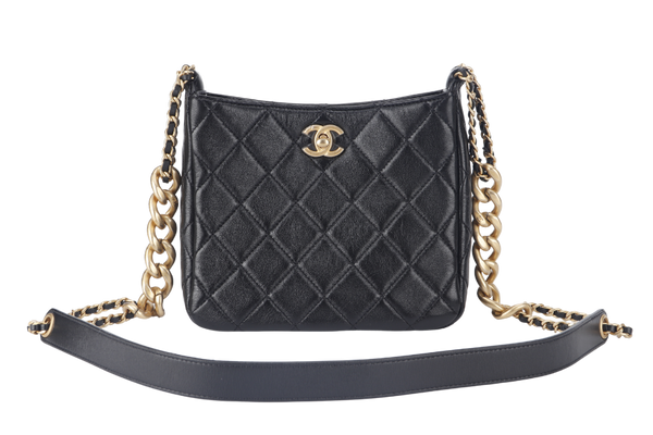 CHANEL 22P HOBO BAG (K63xxxx) BLACK SMALL LAMBSKIN GOLD HARDWARE WITH DUST COVER AND BOX