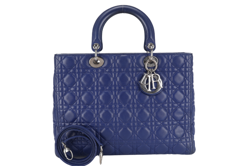 CHRISTIAN DIOR LADY DIOR (13-BO-1113) LARGE BLUE LAMBSKIN SILVER HARDWARE WITH LONG STRAPS NO DUST COVER