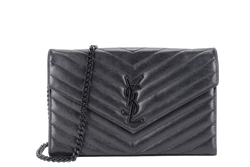 YVES SAINT LAURENT (YSL) CLASSIC CASSANDRE SO BLACK CHAIN WALLET MATELASSE LEATHER BLACK HARDWARE WITH STRAPS NO DUST COVER