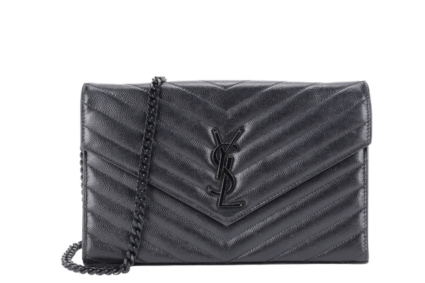 YVES SAINT LAURENT (YSL) CLASSIC CASSANDRE SO BLACK CHAIN WALLET MATELASSE LEATHER BLACK HARDWARE WITH STRAPS NO DUST COVER