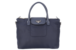 PRADA BN2106 TOTE BAG NAVY BLUE NYLON GOLD HARDWARE WITH DUST COVER AND LONG STRAPS