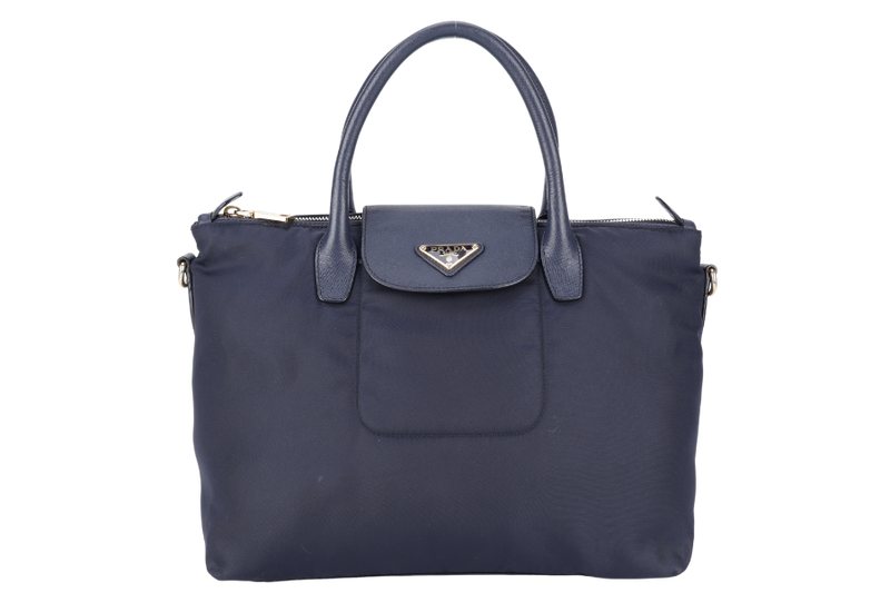 PRADA BN2106 TOTE BAG NAVY BLUE NYLON GOLD HARDWARE WITH DUST COVER AND LONG STRAPS