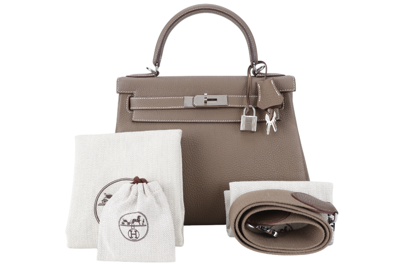 HERMES KELLY 28 RETOURNE ETOUPE TOGO SILVER HARDWARE STAMP X (2016) AMAZON STRAPS WITH LOCK, KEYS AND DUST COVER