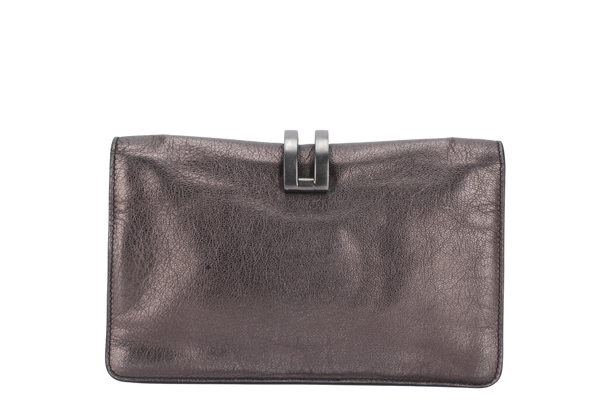 SALVATORE FERRAGAMO GANCINI CLUTCH (BW-21 A498) DARK GREY METALLIC RUTHENIUM HARDWARE NO DUTS COVER