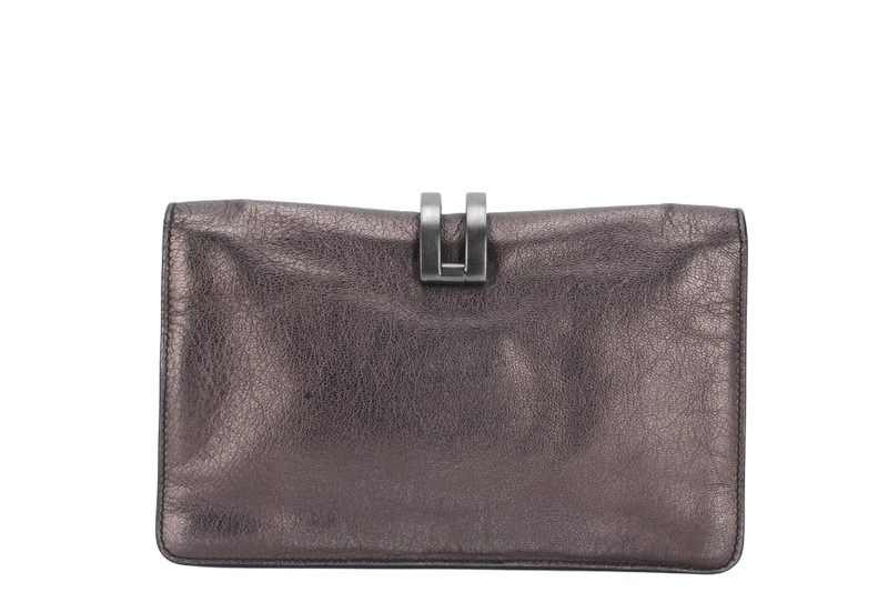 SALVATORE FERRAGAMO GANCINI CLUTCH (BW-21 A498) DARK GREY METALLIC RUTHENIUM HARDWARE NO DUTS COVER