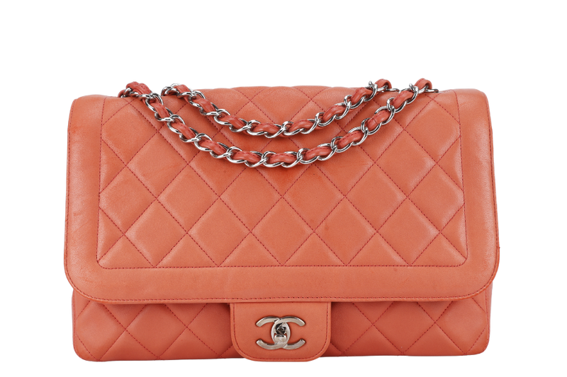 CHANEL COCO RIDER FLAP BAG (1465xxxx) LARGE PINK LAMBSKIN SILVER HARDWARE WITH CARD