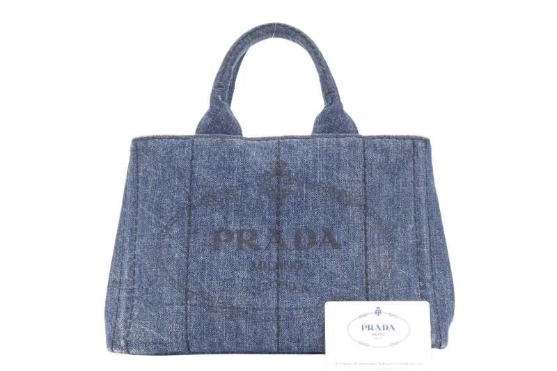 PRADA BN2439 BLUE CANAPA LOGO DENIM SATCHEL HANDBAG GOLD HARDWARE WITH CARD