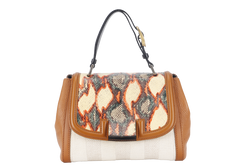 FENDI WHITE PYTHON TRIM CANVAS SILVANA SATCHEL MULTIPLE COLORS TOP FLAP GOLD HARDWARE WITH DUST COVER