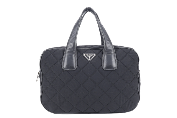 PRADA BL0754 TESSUTO IMPUNTU BLACK QUILTED NYLON BOWLER BAG WITH CARD, STRAPS AND DUST COVER