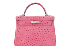 HERMES KELLY 32 RETOURNE FUCHSIA OSTRICH PHW STAMP I (YEAR 2005) WITH STRAPS AND DUST COVER