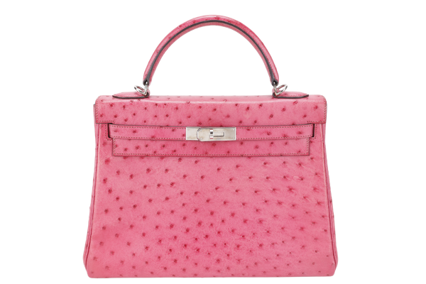 HERMES KELLY 32 RETOURNE FUCHSIA OSTRICH PHW STAMP I (YEAR 2005) WITH STRAPS AND DUST COVER