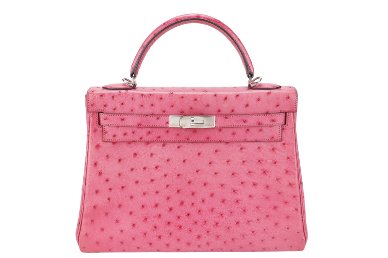 HERMES KELLY 32 RETOURNE FUCHSIA OSTRICH PHW STAMP I (YEAR 2005) WITH STRAPS AND DUST COVER