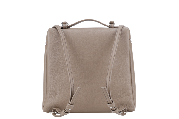 LORO PIANA EXTRA POCKET BACKPACK L23.5 WARM MASTIC-ANTIQUE SILVER COLOR (DO04) GRAINED CALFSKIN SILVER HARDWARE WITH DUST COVER AND BOX