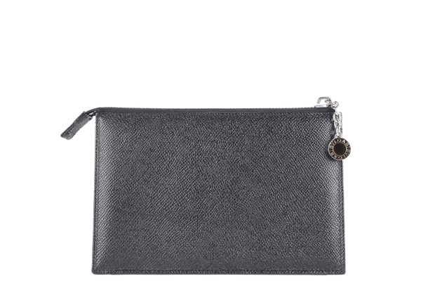 BVLGARI SMALL ZIP POUCH BLACK LEATHER SILVER HARDWARE WITH BOX