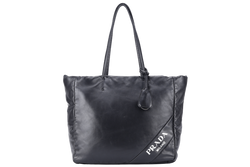 PRADA TOTE BAG (1BG223) NERO BLACK SHOULDER NAPPA SOFT LEATHER SILVER HARDWARE WITH DUST COVER