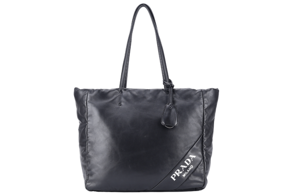 PRADA TOTE BAG (1BG223) NERO BLACK SHOULDER NAPPA SOFT LEATHER SILVER HARDWARE WITH DUST COVER