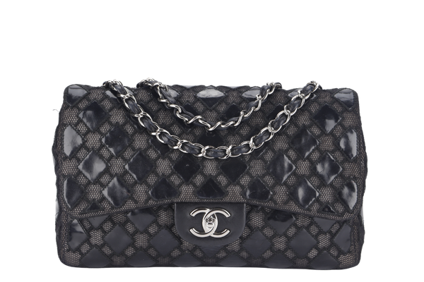 CHANEL CLASSIC FLAP JUMBO (1430xxxx ) BLACK PATENT LACE SILVER HARDWARE NO CARD WITH BOX AND DUST COVER