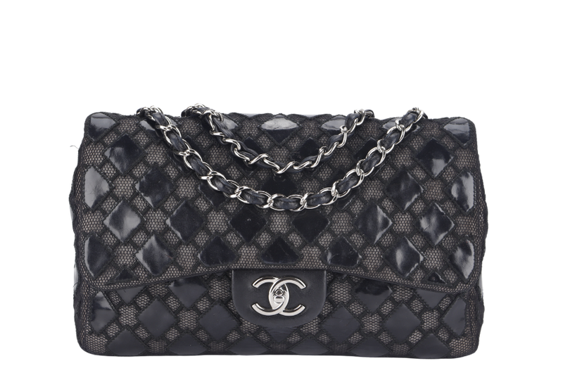 CHANEL CLASSIC FLAP JUMBO (1430xxxx ) BLACK PATENT LACE SILVER HARDWARE NO CARD WITH BOX AND DUST COVER